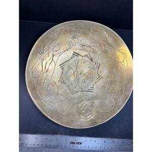 Antique 1920s Chinese Etched Brass Dragon Bowl - 10” Hand Engraved MCM Decor